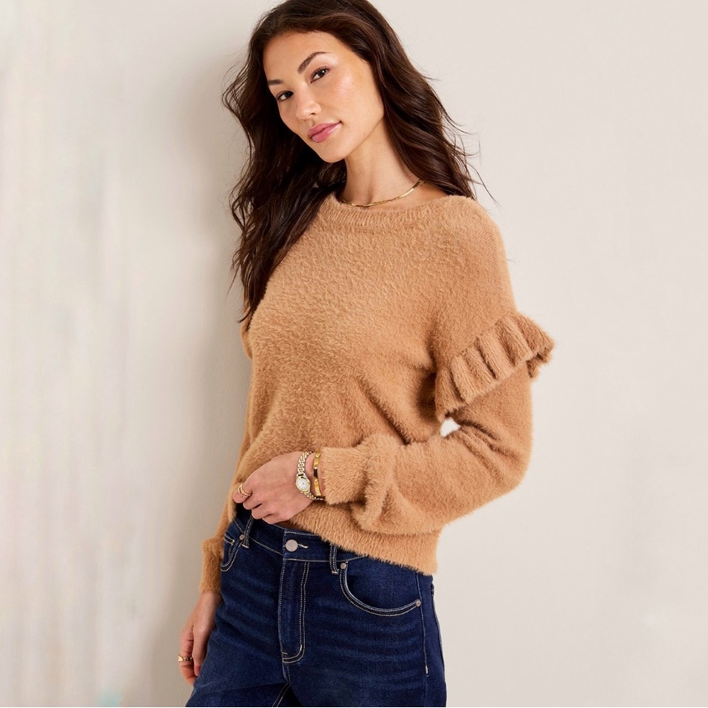 Francesca’s Marcie Ruffle Crew Neck Fuzzy Sweater in Camel Tan NWT